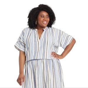 A New Day Blue Stripe Short Sleeve Split Neck Cuffed Sleeve linen Blouse - XXL